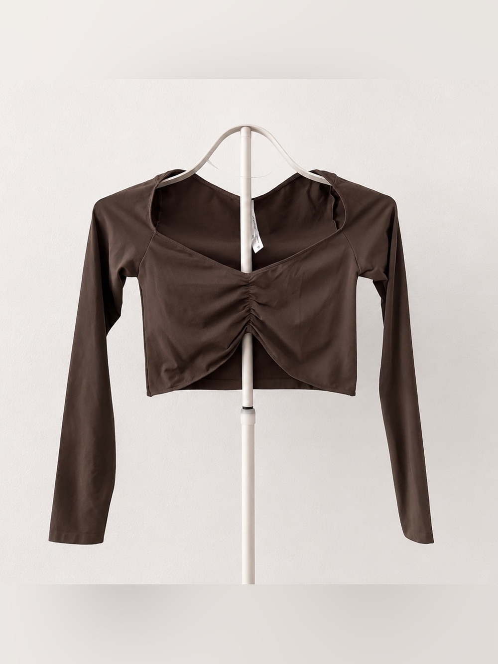 OOTDFash Brown Ruched V-Neck Long Sleeve Crop Top
